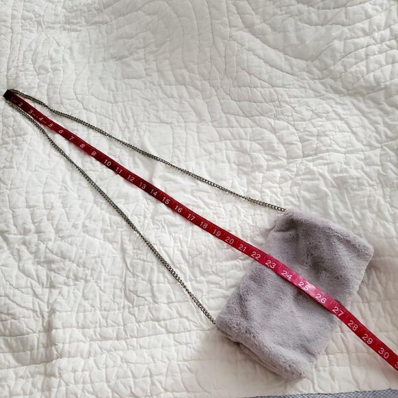 Faux Fur Fold-Over Snap Clasp Silver Tone Chain Gray Clutch Bag By Target - Picture 13 of 15